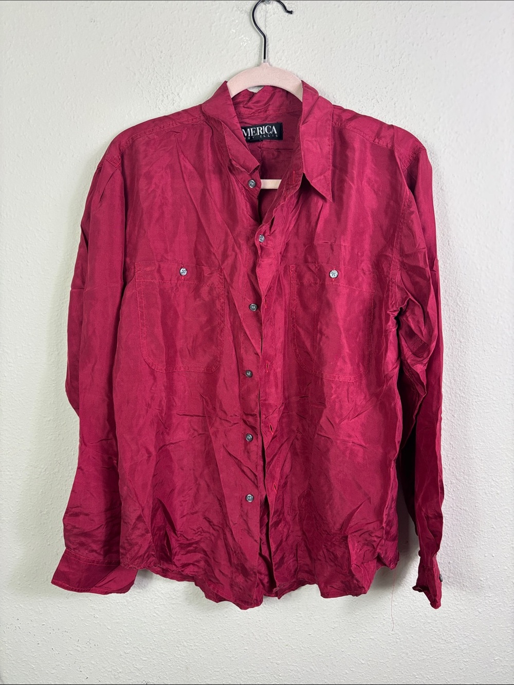Perry Ellis America 100% Silk Burgundy Button Down Shirt size XL‎